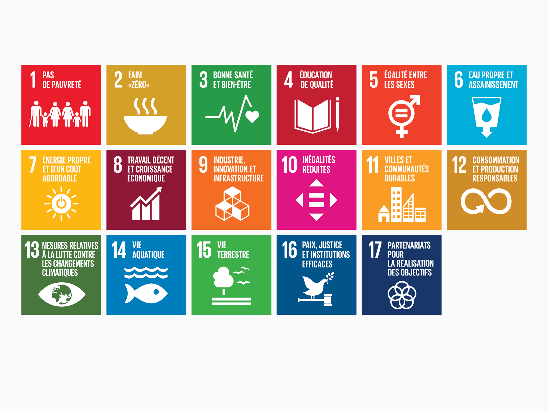 Les 17 Objectifs de développement durable adoptés par l'ONU en 2015 — cadre auquel OHM WORKS rattache sa contribution