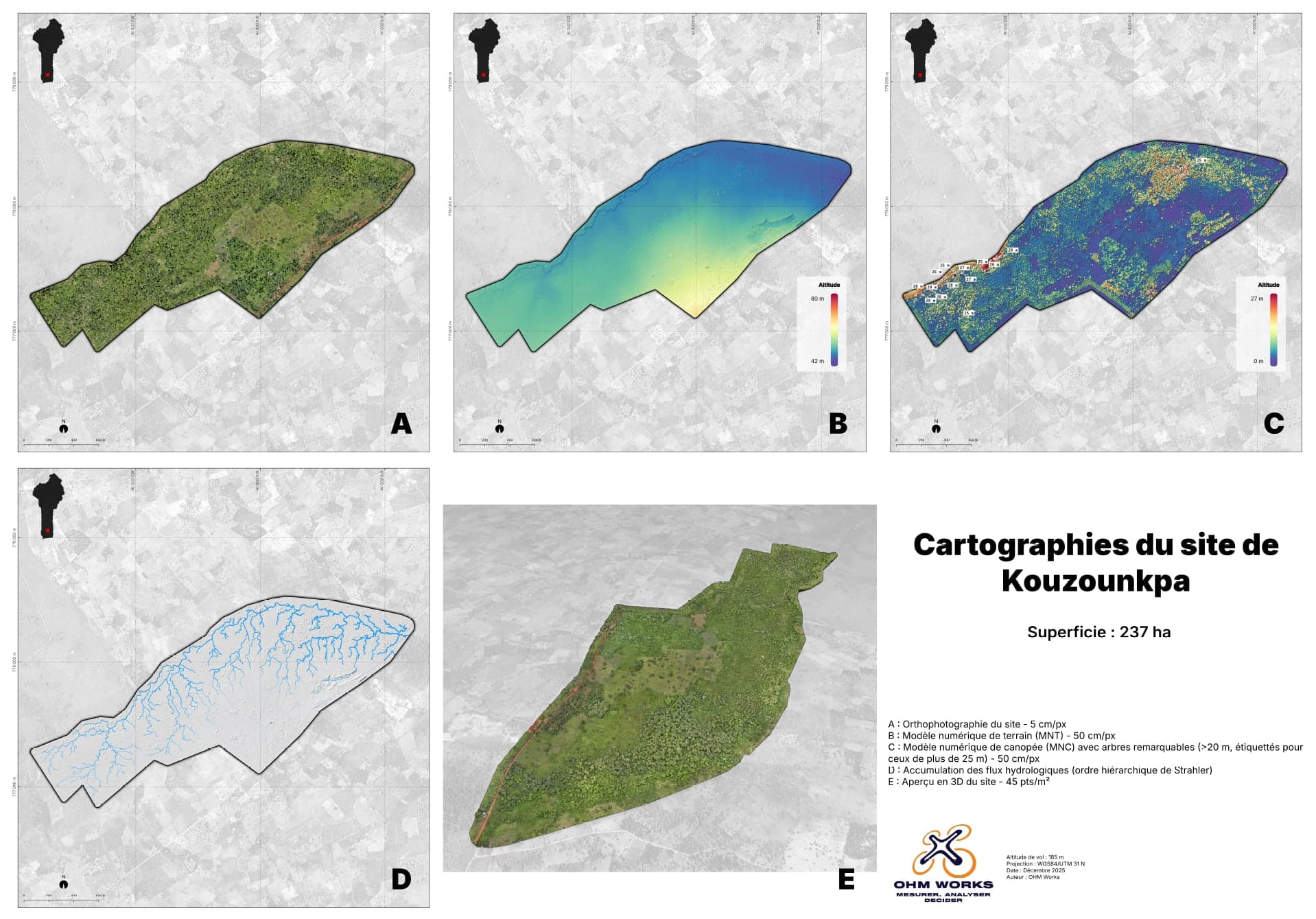 Cartographies LiDAR multi-couches de la bananeraie d'Agro Kue Kue à Kouzounkpa, Bénin — orthophoto, modèle de terrain, canopée, écoulements, 3D